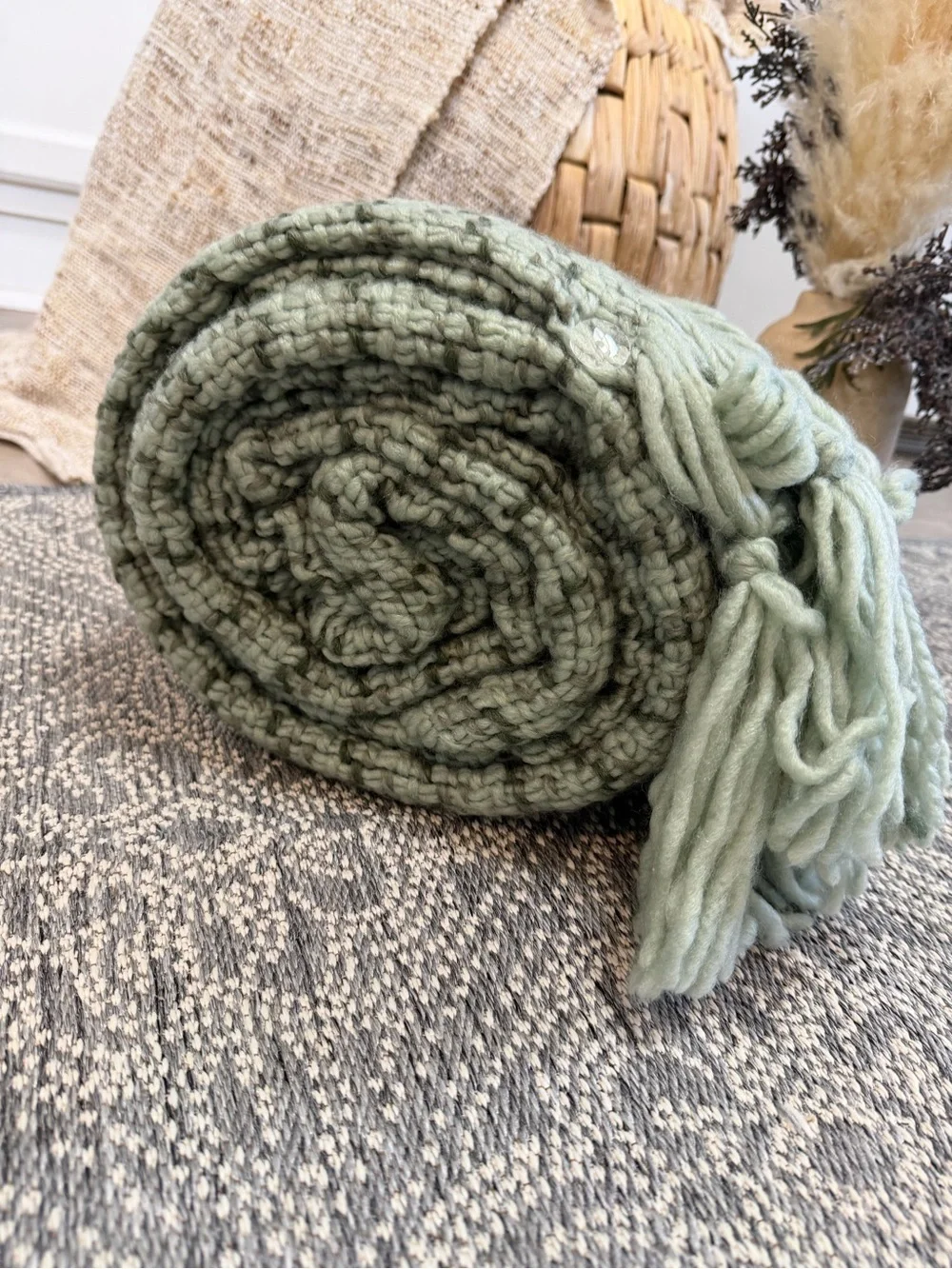 Studio McGee Mint Sage Knit Throw with Fringe